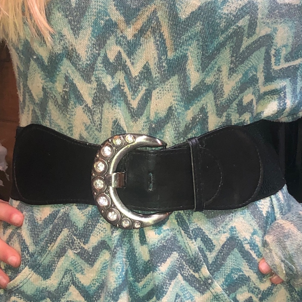 Wide black belt bling buckle stretch S/M